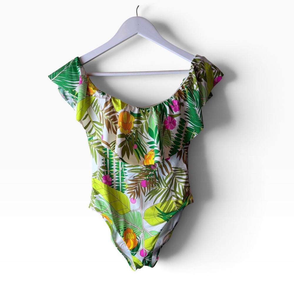 Trina Turk Women Tropical Floral Off Shoulder Ruffle One Piece Swimsuit Size 6